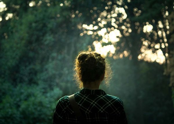Woman in forest with back to camera