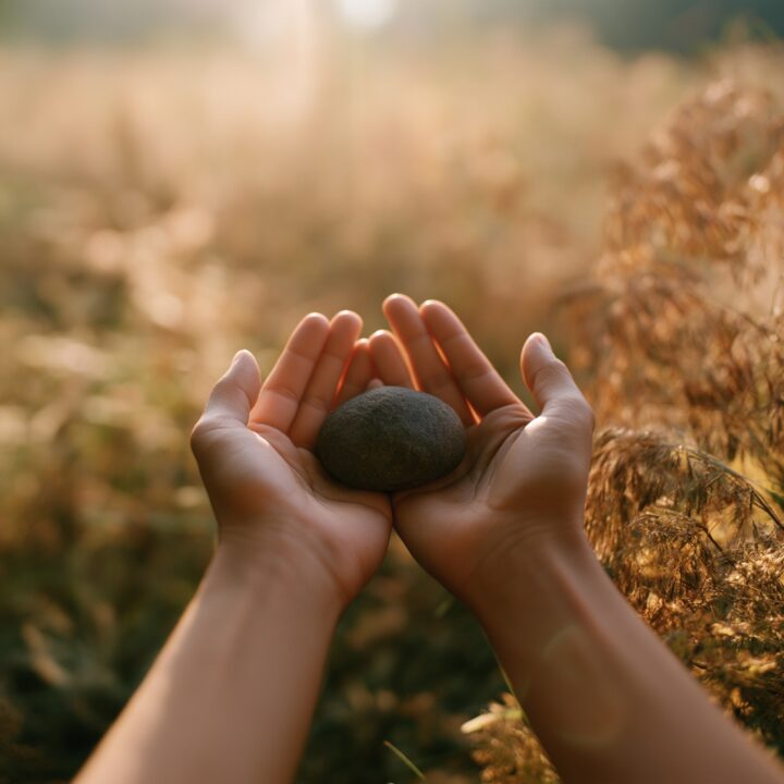 Cupped hands holding a smooth dark stone in a sunlit meadow