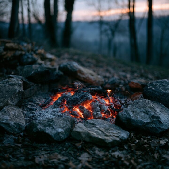 A campfire burnt down to glowing embers in a ring of stones at dusk