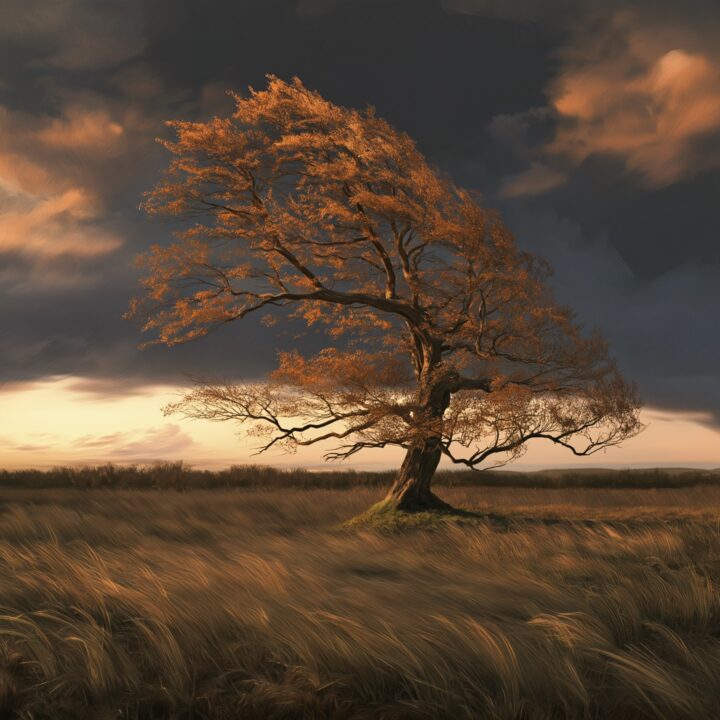 A lone oak in strong wind, its leaves streaming sideways while the trunk stays still
