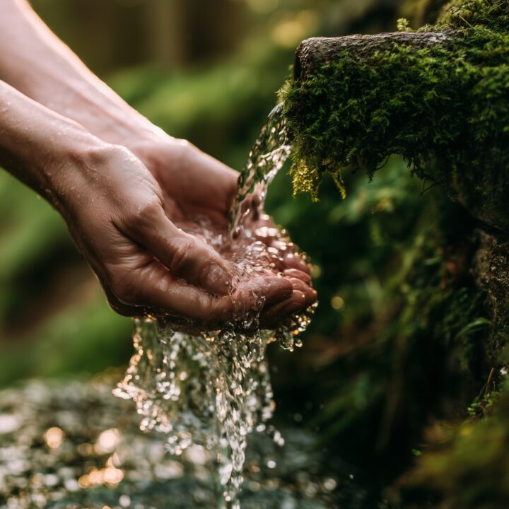 Cupped hands brimming with clear water from a mossy stone spout